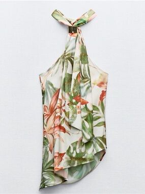 ZARA Satin Floral Slip Top in Cream, Green & Gold Hardware